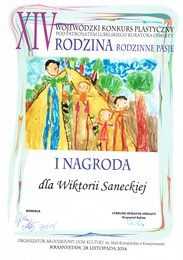 I Nagroda w Wojewdzkim Konkurskie Plastycznym RODZINA RODZINNE PASJE dla Wiktorii Saneckiej